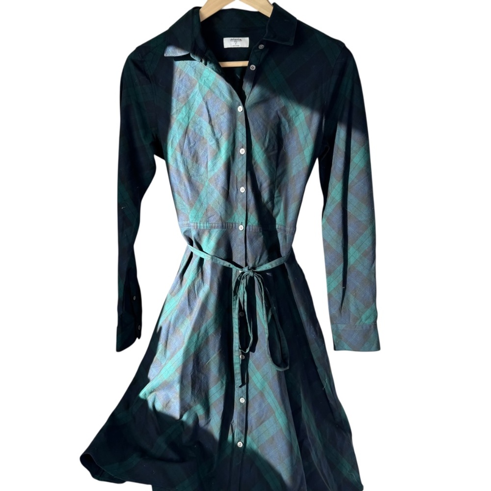 UNTUCKit Navy/Green Holly Plaid Self Belted Shirtwaist Dress Sz 4 - Picture 2 of 7